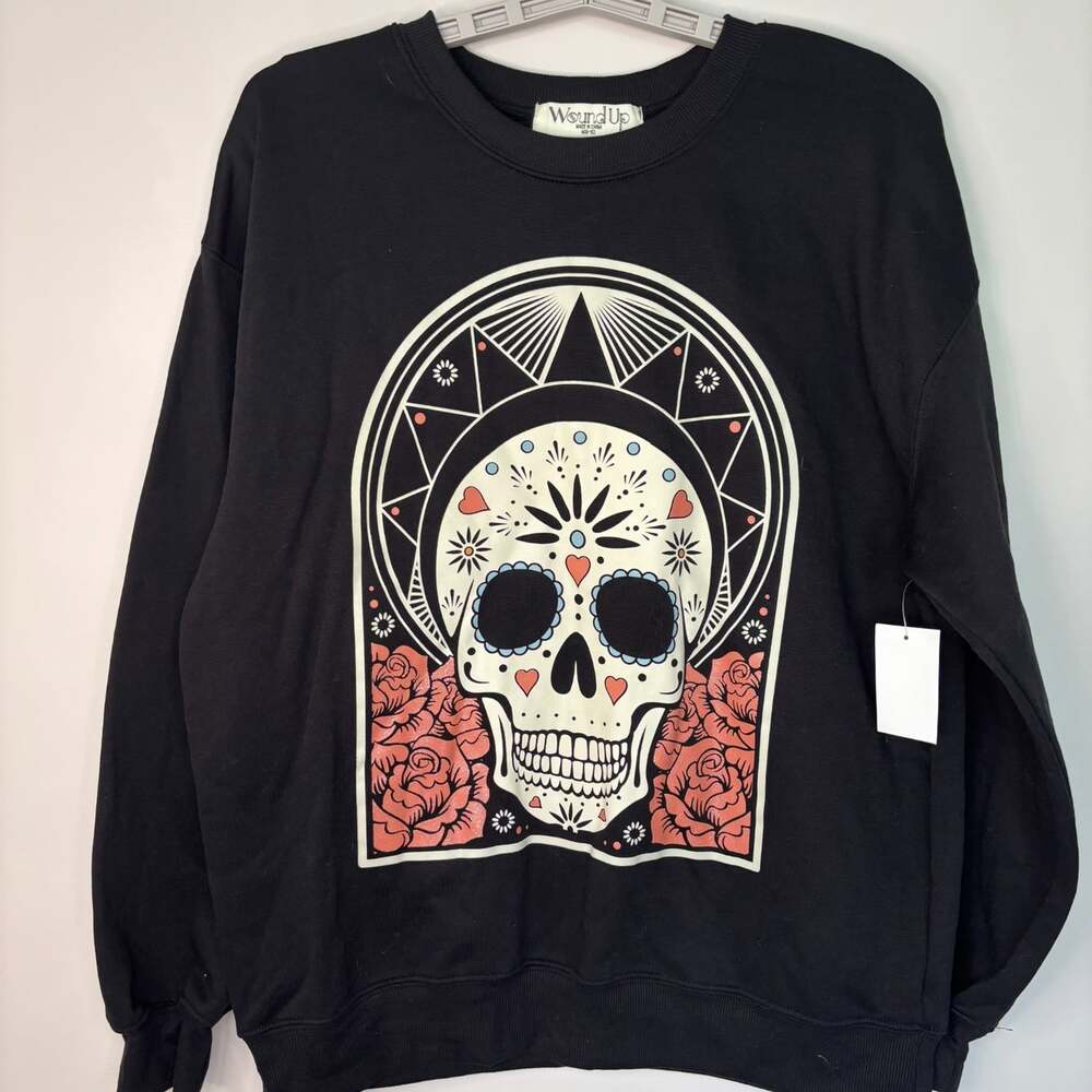 Wound Up NEW sugar skull long sleeve sweatshirt womens M black day of the dead